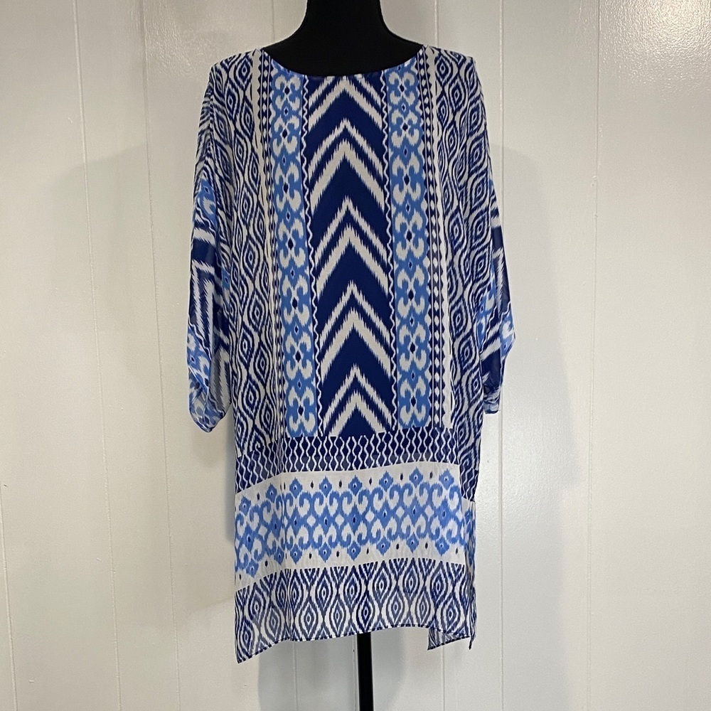 Chico's Blouse Tunic Bohemian Geometric Semi Sheer Blue White Size Large (2)